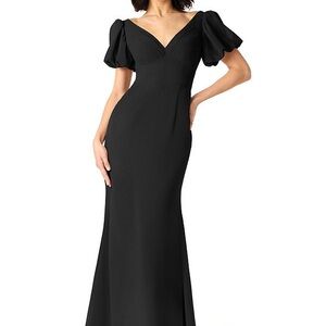 NWT Azazie Sadie (Discontinued) Black Puff Sleeve V-Neck Maxi Gown